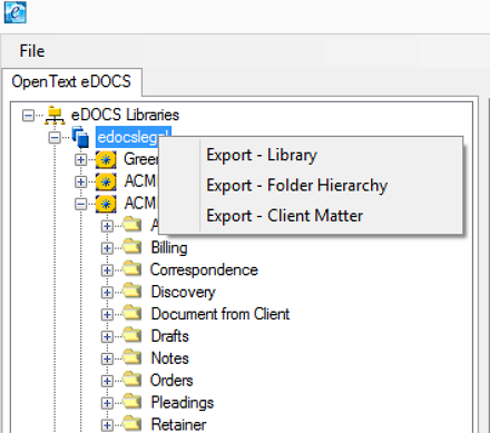 OpenText eDOCS Exporter Library Export Options