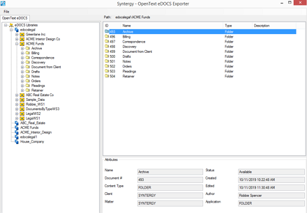 OpenText eDOCS Exporter Main UI